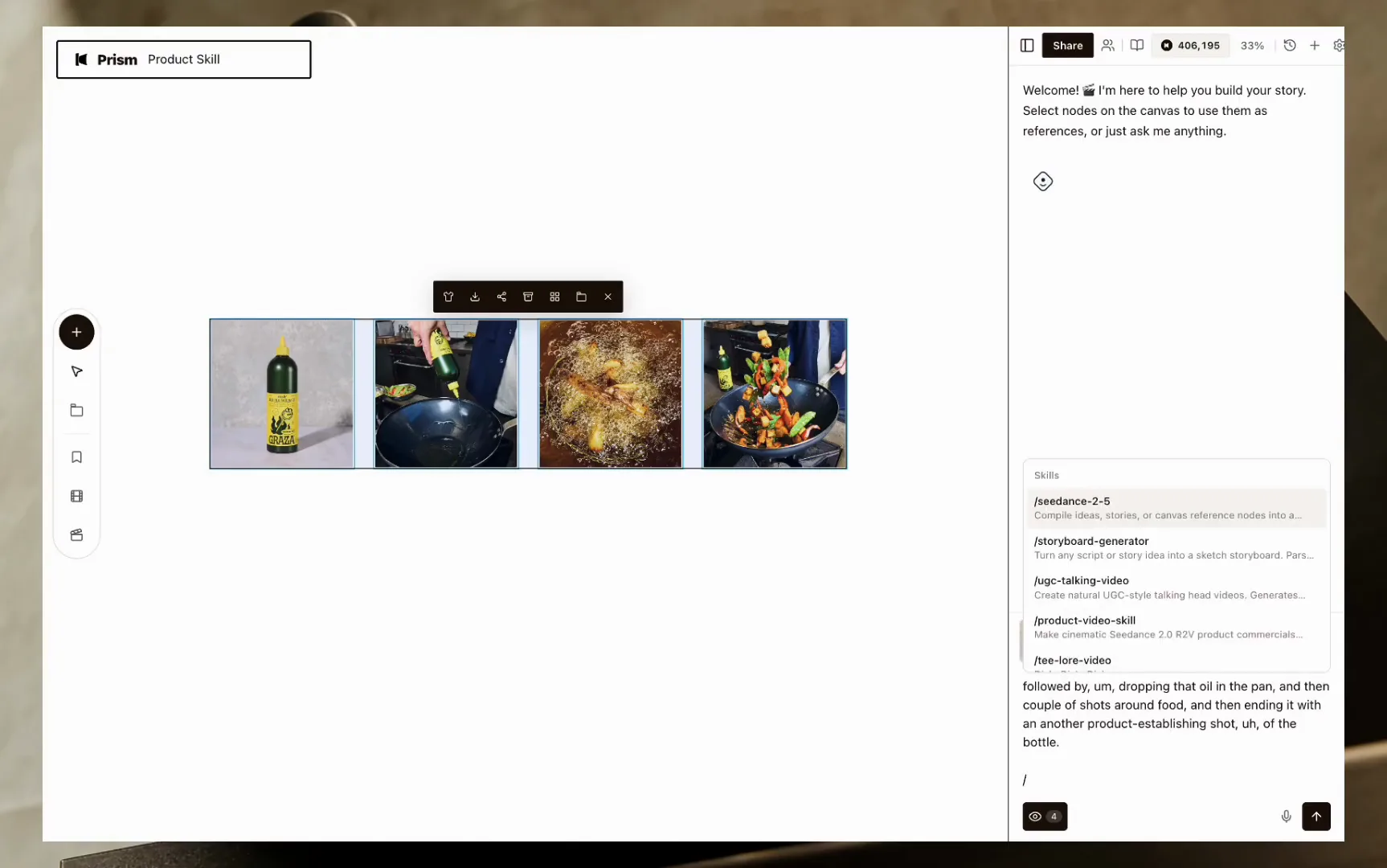 The skills menu open with product-video-skill highlighted