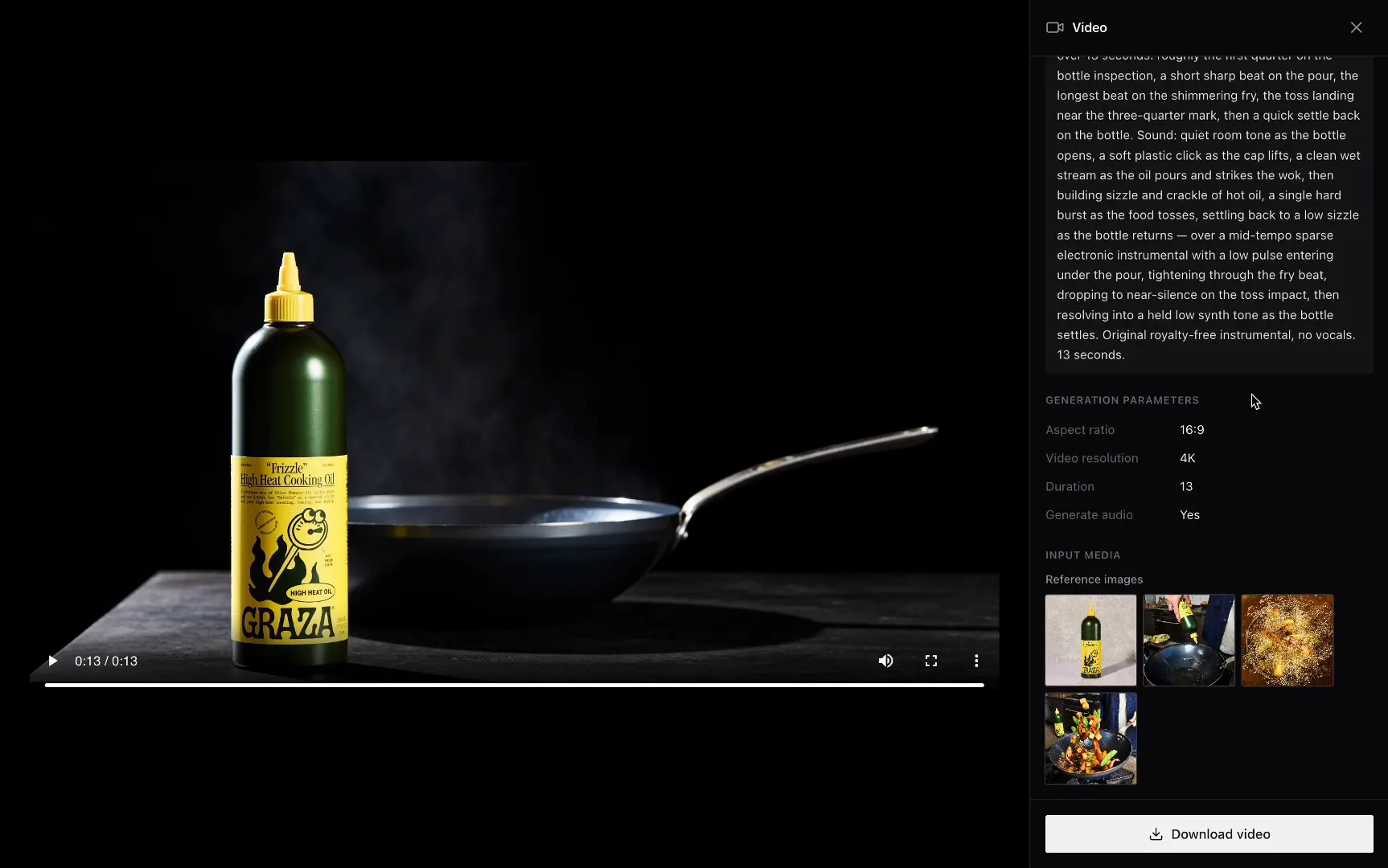 The full prompt, video attributes, and download button in the inspector